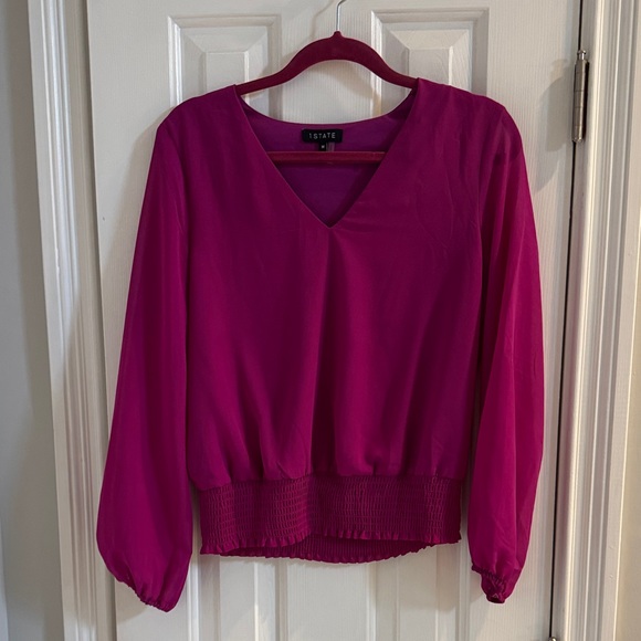 1. State Tops - NWT 1.  STATE Magenta V-Neck Top w/ Sheer Long Puffed Sleeves & Ruched Waist